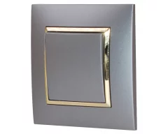 Vypínač jednopólový, řazení č.1, 10AX 250V v rámečku pod omítku, šedé metalizované barvy se zlatým ozdobným rámem