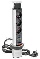Výsuvná zásuvka úzká 60mm, 3 zásuvky, 2x usb, stříbrná barva