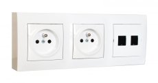 Zásuvkový blok nástenný 2x 250V / 16A, 2x RJ45, bez kábla, farba biela lesklá