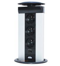 Výsuvná zásuvka TELEBLOK, 3x zásuvka 250V/16A, 1x USB nabíječka, 1x HDMI, víko s gumovou průchodkou, barva stříbrno-černá, kabely 2m