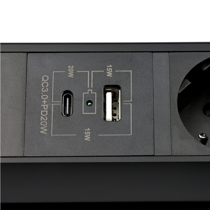 Výklopná zásuvka FLIX BOX,  3x 230 V,  1x USB-A + 1x USB-C, kabel 1,5m, černá