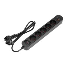 Přepěťová zásuvková lišta 5×230 V, USB-A + USB-C 20 W, 1,5 m, plochá vidlice, černá