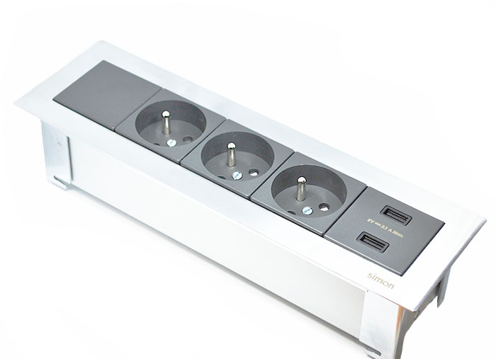 OFIBLOCK Line, 3x zásuvka 250V + 2x USB nabíjačka 5V, rámček chróm, farba grafitovo-šedá, kábel 1.5m