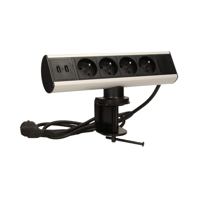 Zásuvkový box se svorkou, 4x zásuvka, 2x USB, kabel 1.8m