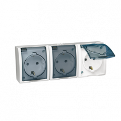 Trojitá kolíková zásuvka s uzemněním typu SCHUKO se clonami elektrických kolejí - ve verzi IP54 - klapka v transparentní barvě bílá 16A