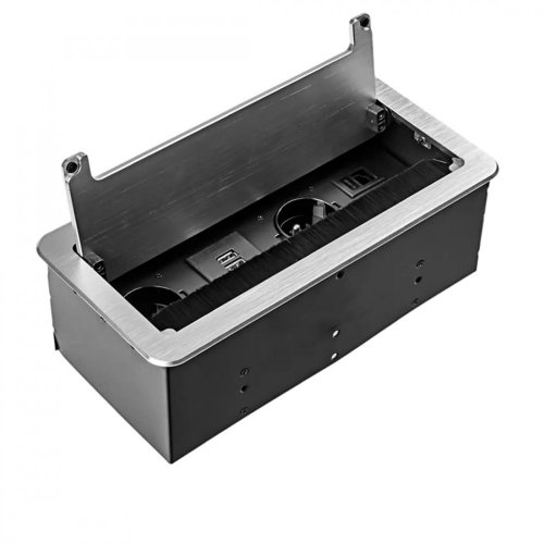 Vstavaný zásuvkový blok 2x 230V, 2x port RJ45, 2x USB-A nabíjačka 5V, zaoblené hrany, prachová kefa, kábel 1.5m, farba strieborná