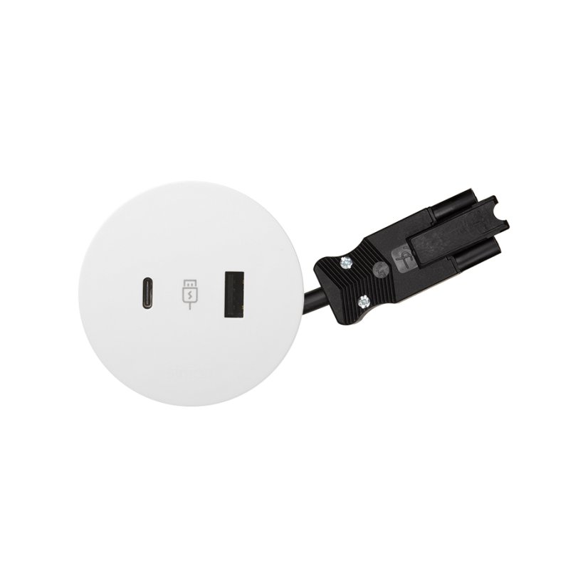 Vestavná stolní USB A+C nabíječka 18W, QC 3.0, průměr 60 mm, napájecí kabel 2m, barva bílá matná