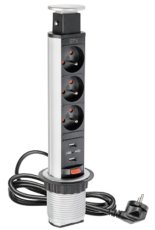 Výsuvná zásuvka úzka 60mm, 3 zásuvky, 2x usb, strieborná farba