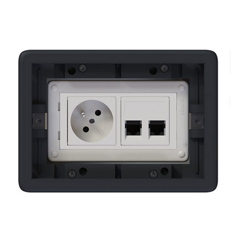 Podlahová zásuvka SF 187x132 mm, 1x 250V/16A + 2x RJ45 cat. 6, barva boxu grafit, pro lité podlahy s kazetou do potěru, vyplnění víka materiálem podlahy