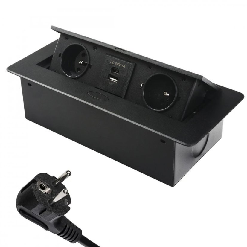 Zásuvka výklopná 2 x 230V + 2x USB A+C nabíječkou 5V, IP20, max. příkon 3680W, délka kabelu 1.5 m, barva černá
