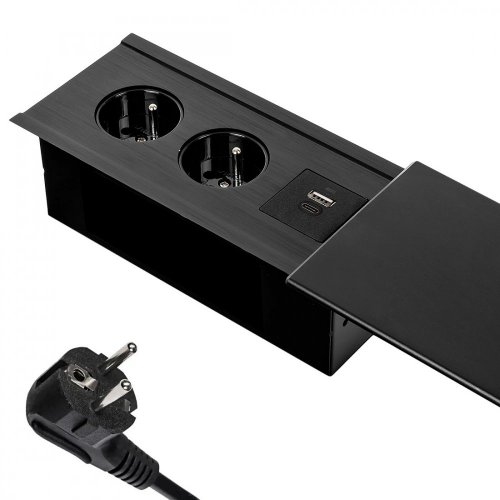 Zásuvkový blok s posuvným víkem v černé barvě , 2x 230V, 2x USB nabíječka A+C, kabel 1.5m