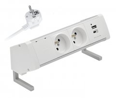 Stolní zásuvkový blok, 2x 250V, 2x nabíjecí USB 5V/4.2A (A+C), kabel 1m, barva bílo-stříbrná