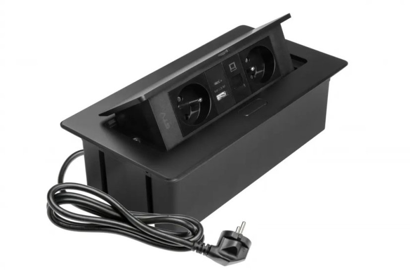 Výklopná zásuvka MULTISOFT, 2x 230V,  USB A/C nabíječka, RJ45, barva černá, kabel o délce 1.5m