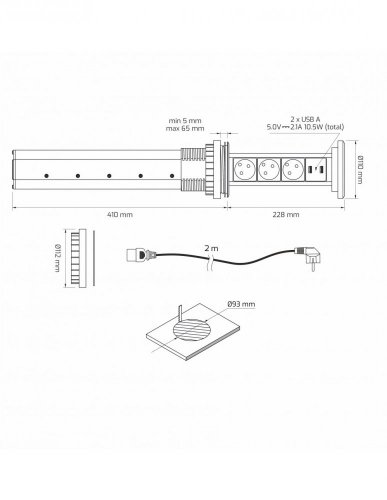 Automaticky výsuvný blok LIFT BOX USB, 3x zásuvka 230V, 2x USB nabíjačka + bezdrôtová nabíjačka, kábel 2m, farba čierna