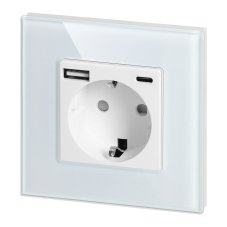 Zásuvka 2P+Z (schuko) s USB-A + USB-C nabíjačkou 5VDC /3A, sklenený ramiček, farba biela