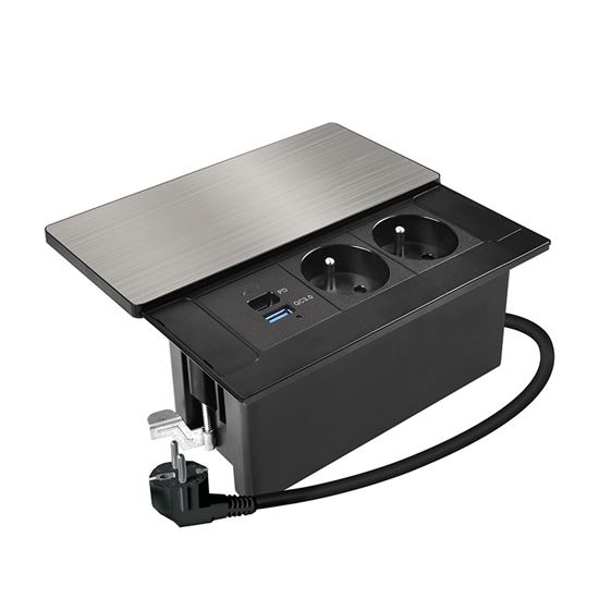 Zásuvkový blok vestavný, 2x 230V, posuvný kryt,  USB A+C 20W PD, kabel 2 m, barva stříbrná