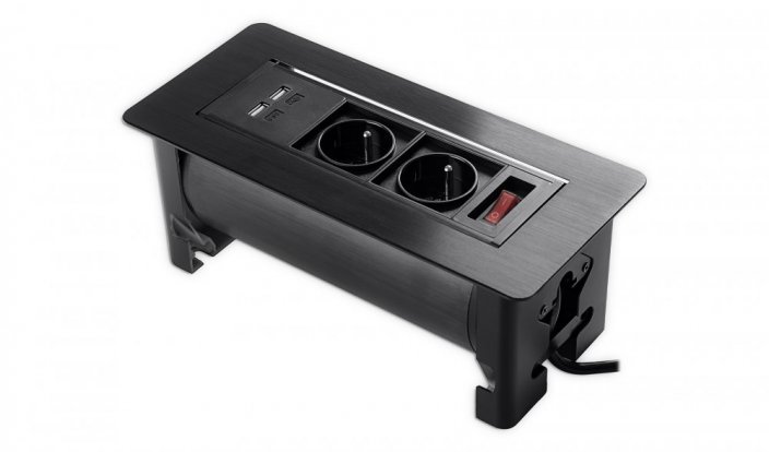 Otočná zásuvka do stola v hliníkovom puzdre, farba čierna, 2x 230V + 2x USB nabíjací, vypínač, kábel 1.5m