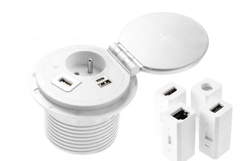 Zásuvka CHARGER PLUS, 1x 230V, indukční a USB A+C nabíječka, vyměnitelné zásuvky USB-A, HDMI, RJ-45, barva bílá