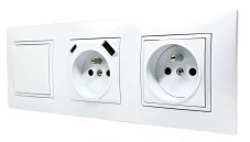 Zásuvky 2x 250V/16A s USB A/C nabíjačkou + 1x vypínač č.1 v rámčeku pod omietku, bielej farby s ozdobným rámčekom