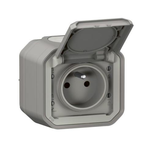 Povrchová zásuvka Legrand Plexo 2P+T 16 A, IP55, s dětskou ochranou, šedá