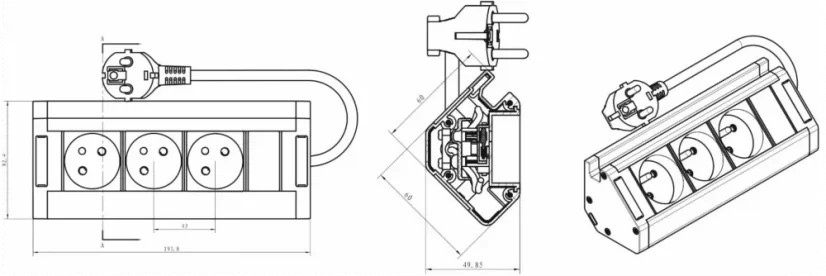 Trojitá rohová zásuvka 3x 230V s držiakom na telefón, kábel 1.5m, farba čierna