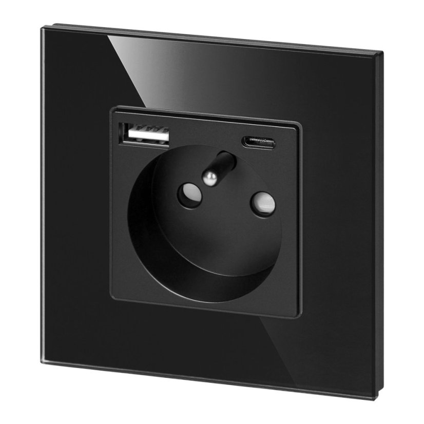 Zásuvka 1x 230V s USB-A + USB-C nabíječkou, PD 20W, rámeček sklo, pod omítku, barva černá
