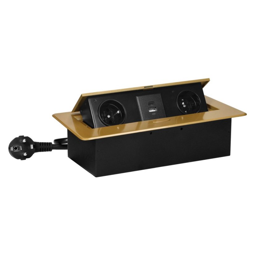 Výklopný zásuvkový blok s frézovaným krytem, 2x zásuvka 230V, 2x USB A+C nabíječka 5V / 3.6A , kabel 1.5m, barva zlatá