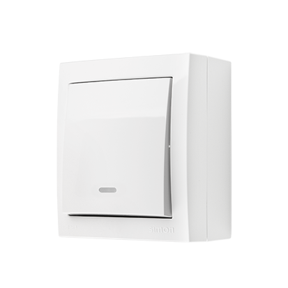 Spínač jednopólový (přístroj s krytem), IP44, s podsvětlením, řazení 1So, 10 A / 250 V~, šroubové svorky, Aquaclick, barva bílá