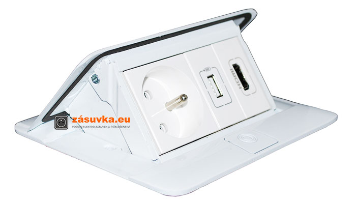 Pop-up blok, 1x zásuvka 230V, 1x HDMI, 1x USB nabíječka, hliník, barva bílá lesklá, kabely 2m