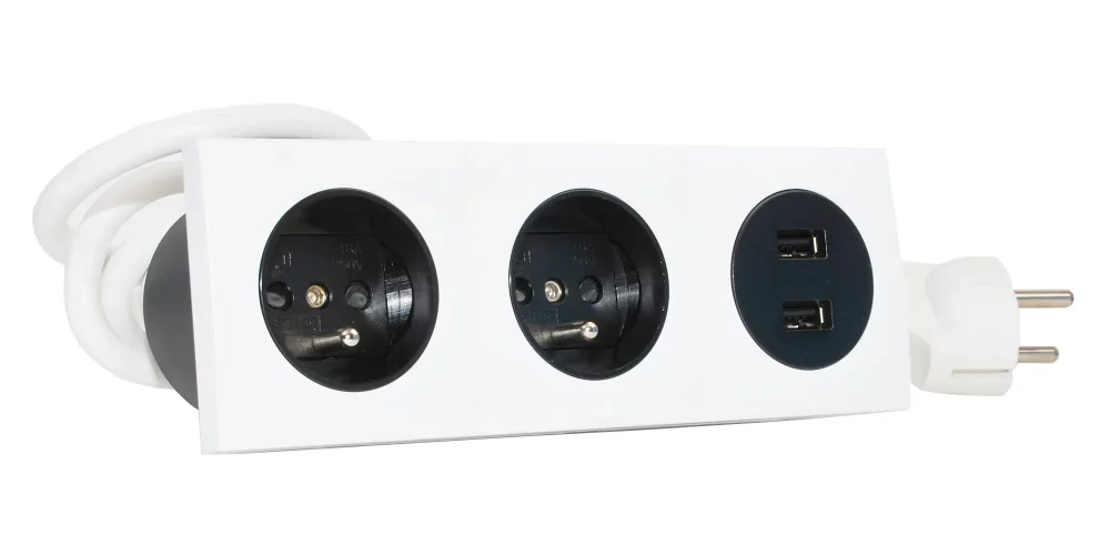 ALTR Vložkový blok zapustený v bielej farbe, 2x zásuvka 250V + 2x nabíjačka USB-A, kábel 1,5m