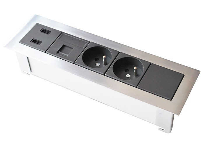 Simon OFIBLOCK Line, 2x zásuvka 250V + 2x USB nabíjačka 5V + 1x RJ45, rámček chróm, farba grafitovo-šedá, kábel 1.5m