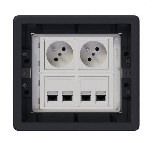 Podlahová zásuvka 2x 250V/16A (zásuvka bílá) + 4x port RJ45 cat. 6, barva boxu grafitově-šedá, pro zvýšené podlahy