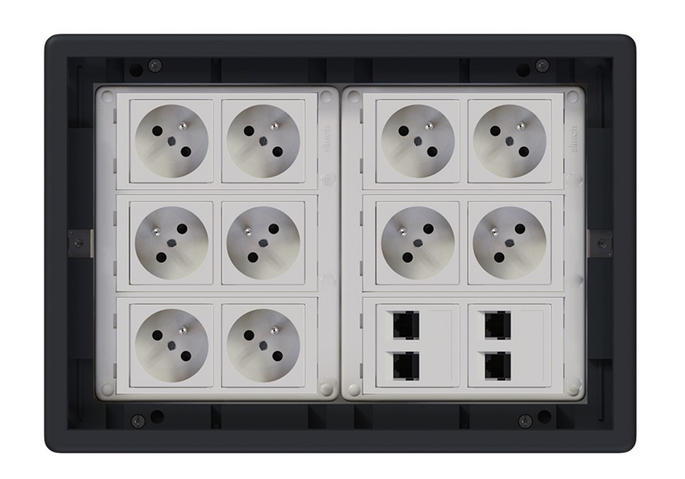 Podlahová zásuvka 10x 250V/16A (zásuvka bílá) + 4x port RJ45 cat. 6, barva boxu grafitově-šedá, pro lité podlahy