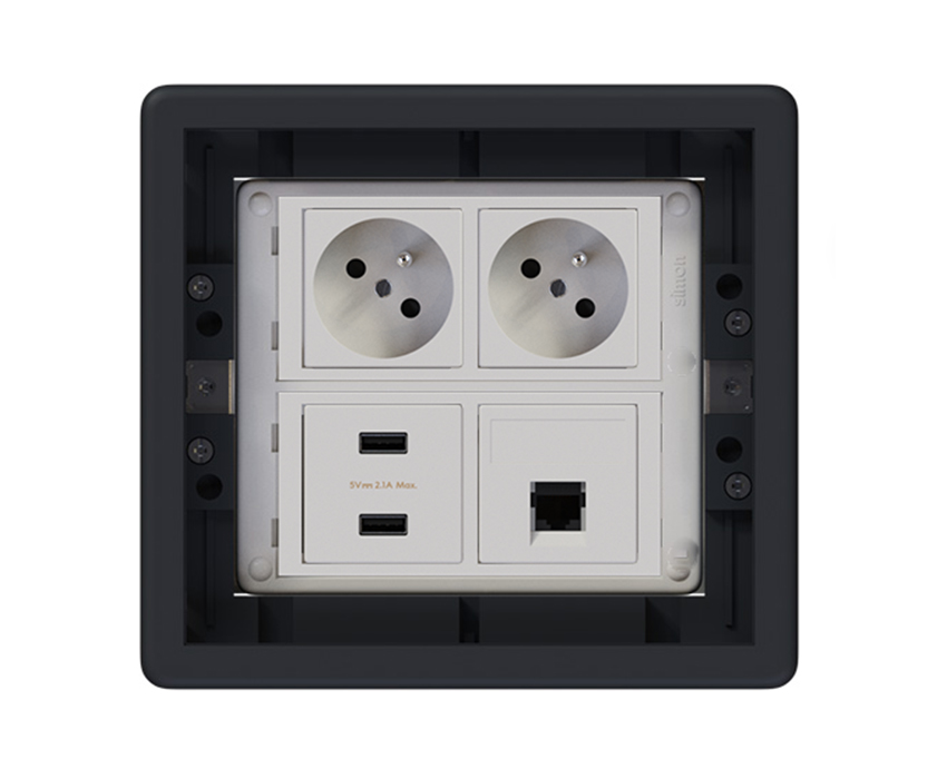 Podlahová zásuvka 2x 250V/16A, 2x USB nabíječka, 1x RJ45 cat.5, barva grafitově-šedá, pro lité podlahy