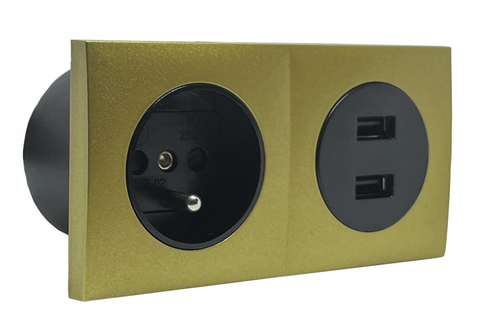 ALTR Zásuvkový blok zapuštěný ve zlaté barvě, 1x zásuvka 250V + 2x USB-A nabíječka, kabel 1.5m