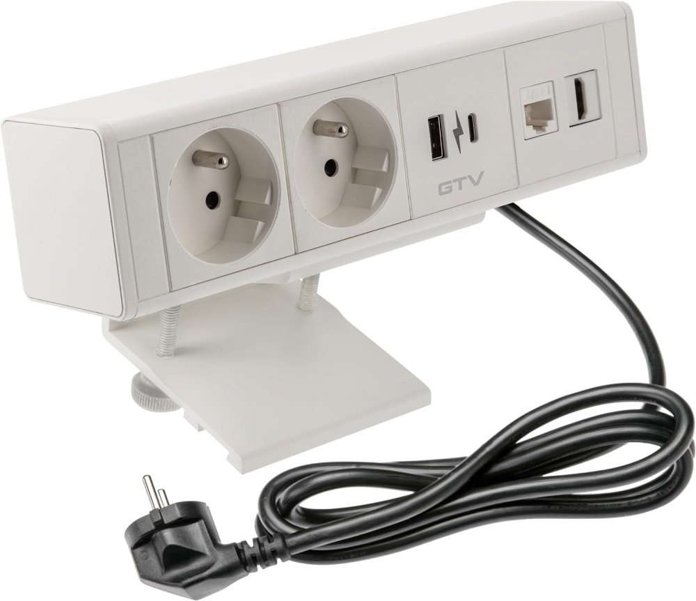 Zásuvka na desku stolu BAR, 2x 250V, 2x USB A+C nabíječka, 1x RJ45 cat.6, 1x HDMI, kabel 1.5m, hliníkové tělo, barva bílá