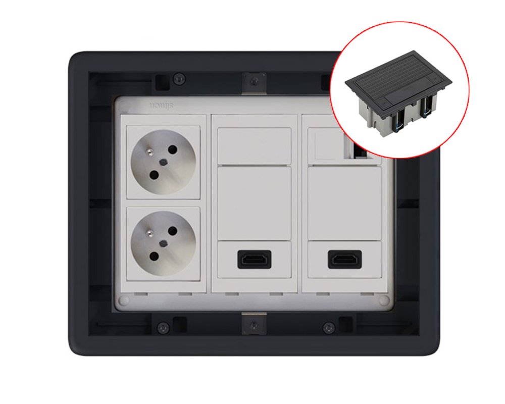 Podlahová zásuvka 2x 250V/16A (zásuvka bílá), 1x RJ45 cat.6, 2x HDMI, plné víko, barva boxu grafitová, s pouzdrem pro lité podlahy