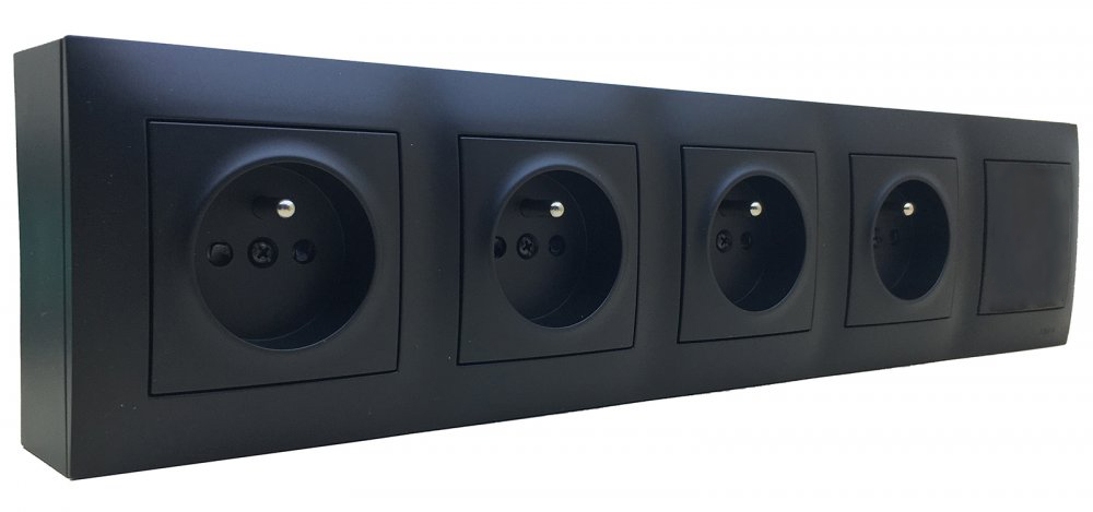 KS Zásuvkový blok nástěnný 4x 250V/16A s clonkami + 1x vypínač ř.1, bez kabelu, černá matná barva