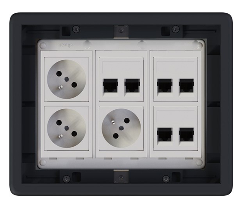 Podlahová zásuvka 3x 250V/16A (zásuvka bílá) + 6x port RJ45 cat. 6, barva boxu grafitově-šedá, pro zvýšené podlahy