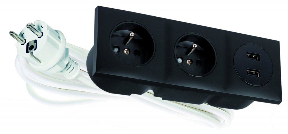 ALTR Einbau-Steckdosenleiste in schwarzer Farbe, 2x Steckdose 250V + 2x USB-A-Ladegerät, Kabel 1,5 m