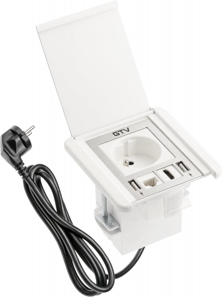 Zásuvka zápustná FLIP s odklápěcím krytem, 1x 250V, 2x USB-A nabíječka, 1x RJ45 cat.6, 1x HDMI, kabel 1.5m, barva bílá