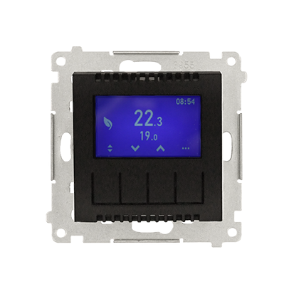 Termostat digitální programovatelný (přístroj s krytem), Simon 54, barva černá matná metalizovaná